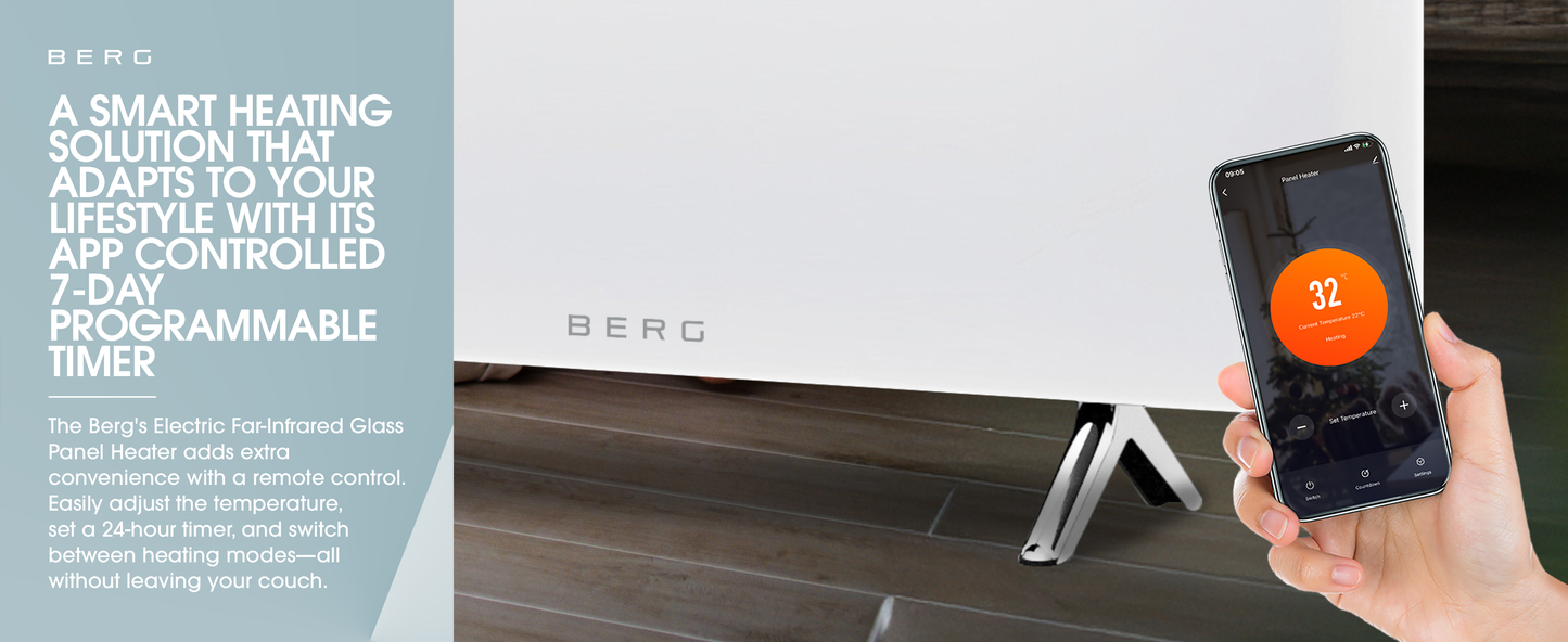 BERG White Far Infrared Electric Wi-Fi/Remote Control Smart Glass Panel Heater - Ultraslim (12mm)