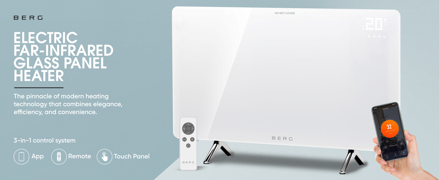 BERG White Far Infrared Electric Wi-Fi/Remote Control Smart Glass Panel Heater - Ultraslim (12mm)