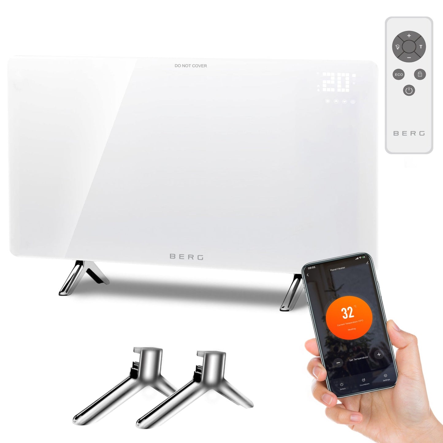 BERG White Far Infrared Electric Wi-Fi/Remote Control Smart Glass Panel Heater - Ultraslim (12mm)