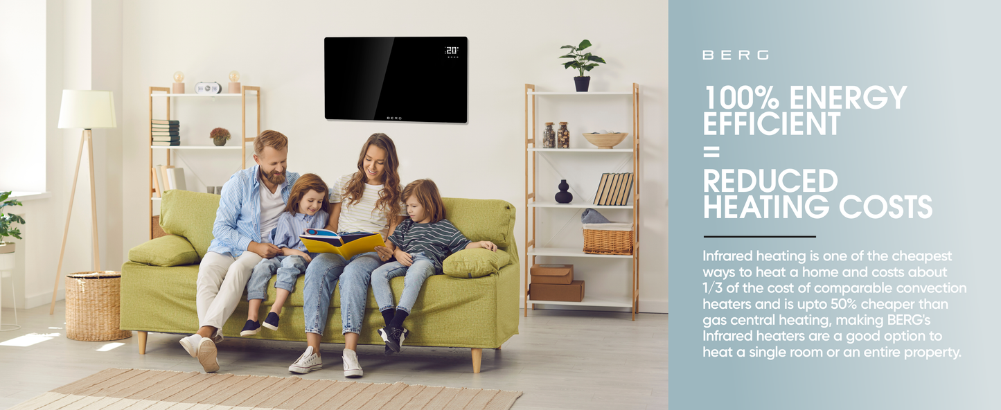 BERG Black Far Infrared Electric Wi-Fi/Remote Control Smart Glass Panel Heater - Ultraslim (12mm)