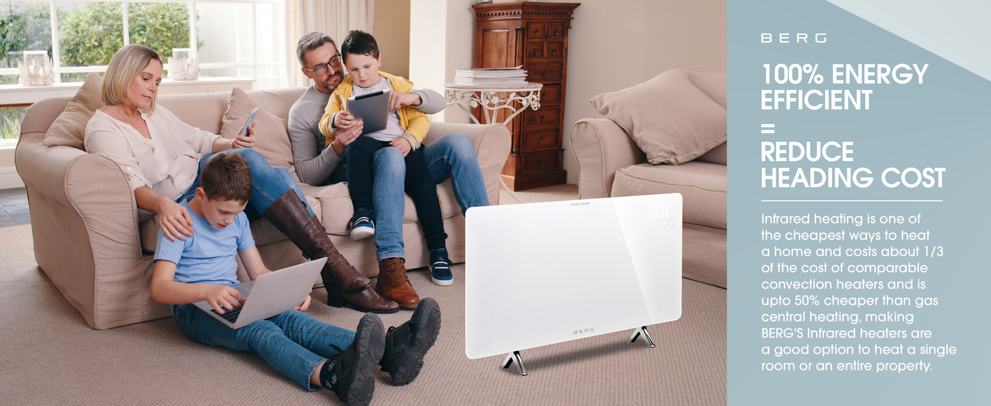 BERG White Far Infrared Electric Wi-Fi/Remote Control Smart Glass Panel Heater - Ultraslim (12mm)