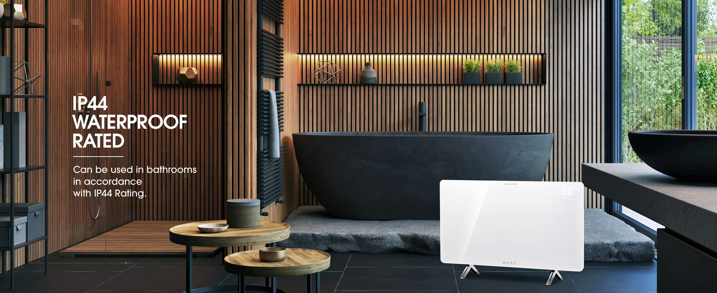 BERG White Far Infrared Electric Wi-Fi/Remote Control Smart Glass Panel Heater - Ultraslim (12mm)