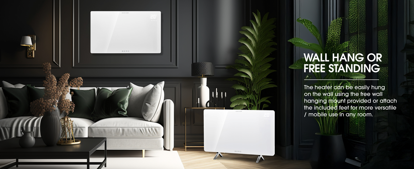 BERG White Far Infrared Electric Wi-Fi/Remote Control Smart Glass Panel Heater - Ultraslim (12mm)