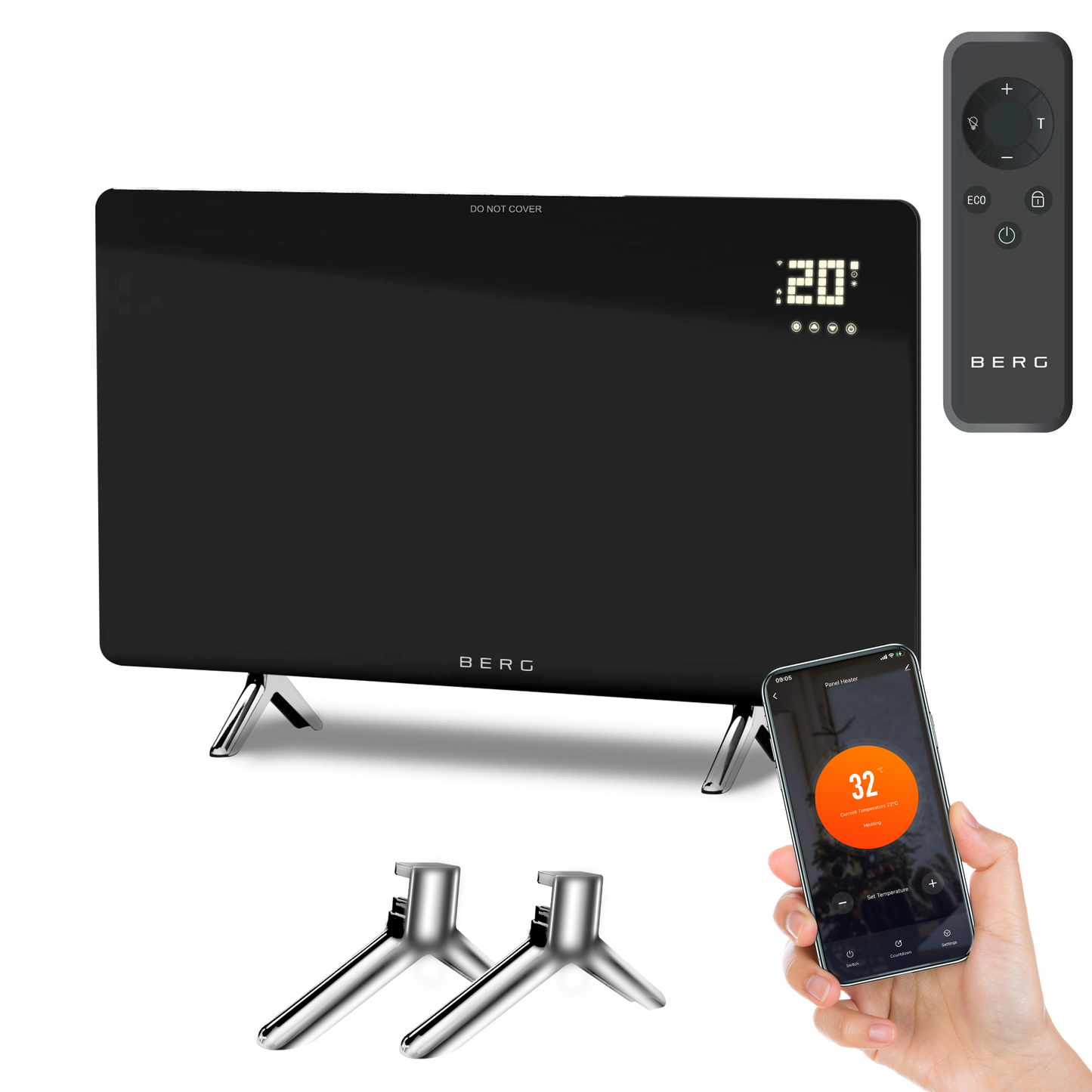 BERG Black Far Infrared Electric Wi-Fi/Remote Control Smart Glass Panel Heater - Ultraslim (12mm)