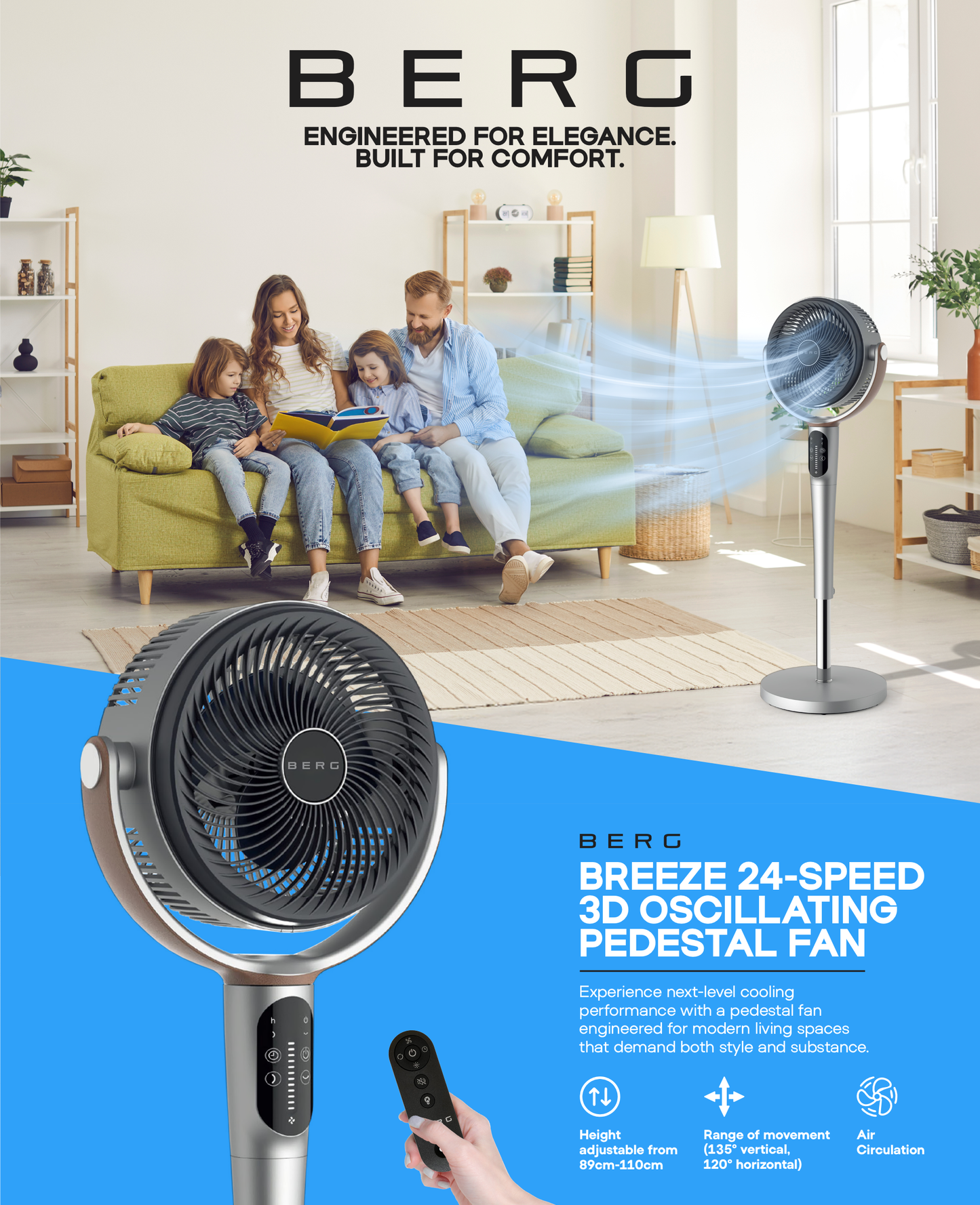 BERG Breeze Remote Control 24-Speed 3D Oscillating 40W Pedestal Fan