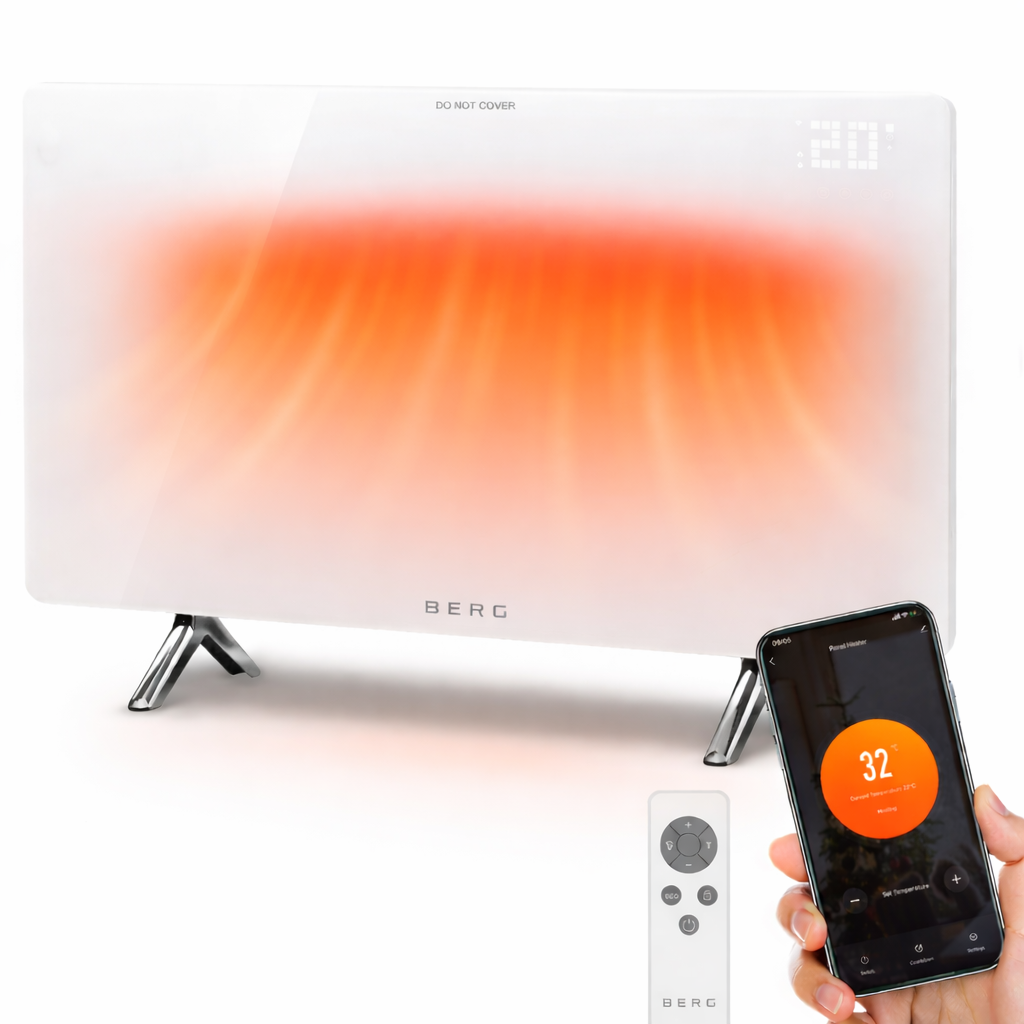 BERG White Far Infrared Electric Wi-Fi/Remote Control Smart Glass Panel Heater - Ultraslim (12mm)